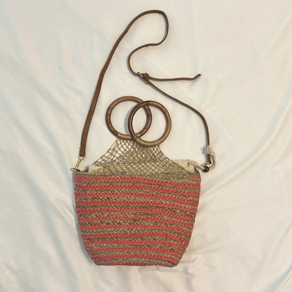 Vintage Nanette Lepore‎ Clementine Jute BucketBag Berry/Coral Wood Handles